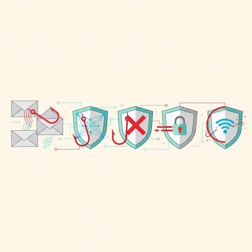 Cybersecurity shield protecting a laptop from phishing emails, illustrating mitigation strategies