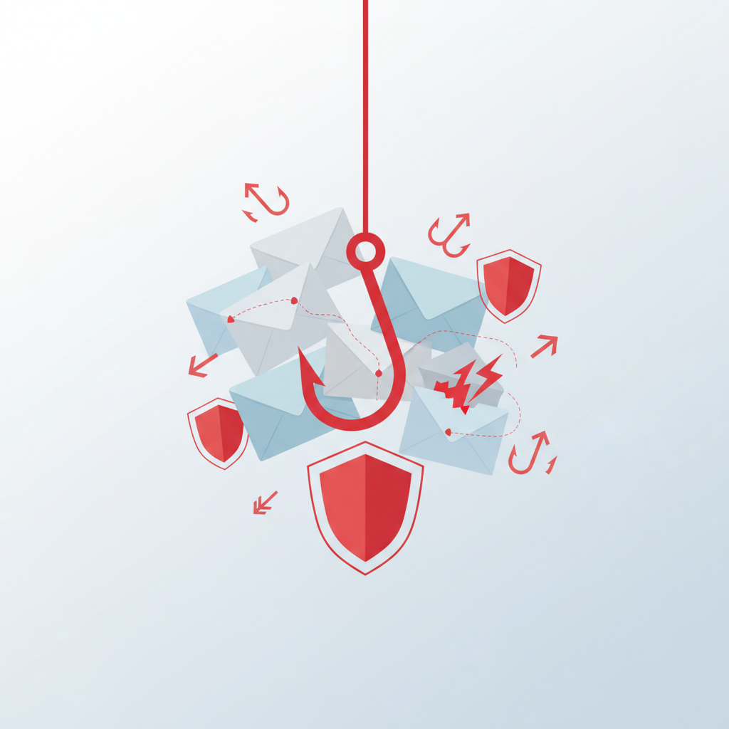 Cybersecurity shield protecting a laptop from phishing hooks, illustrating the need for simulation platforms