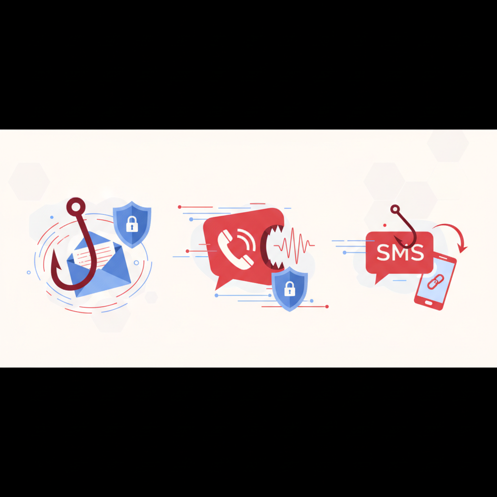 Cyberattack comparison: Vishing, Phishing, Smishing icons with arrows showing attack vectors and targets