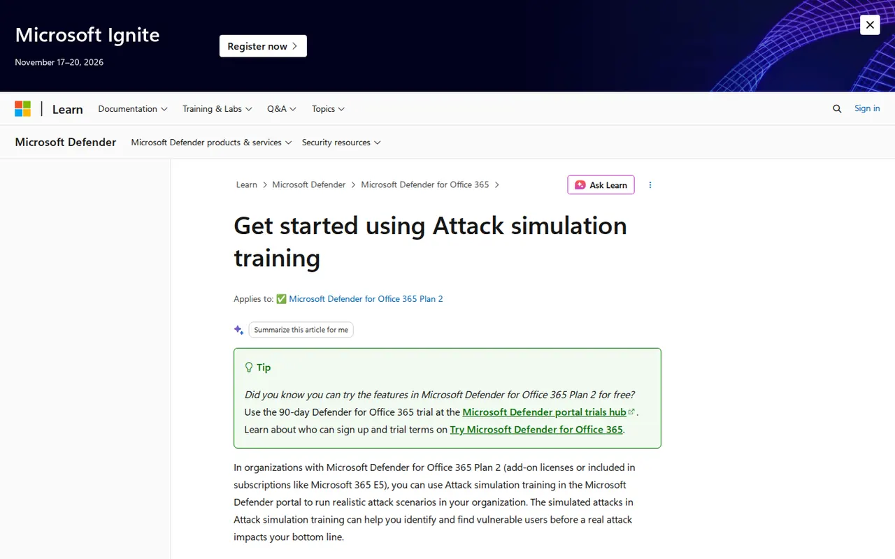 Microsoft Learn page for Attack simulation training